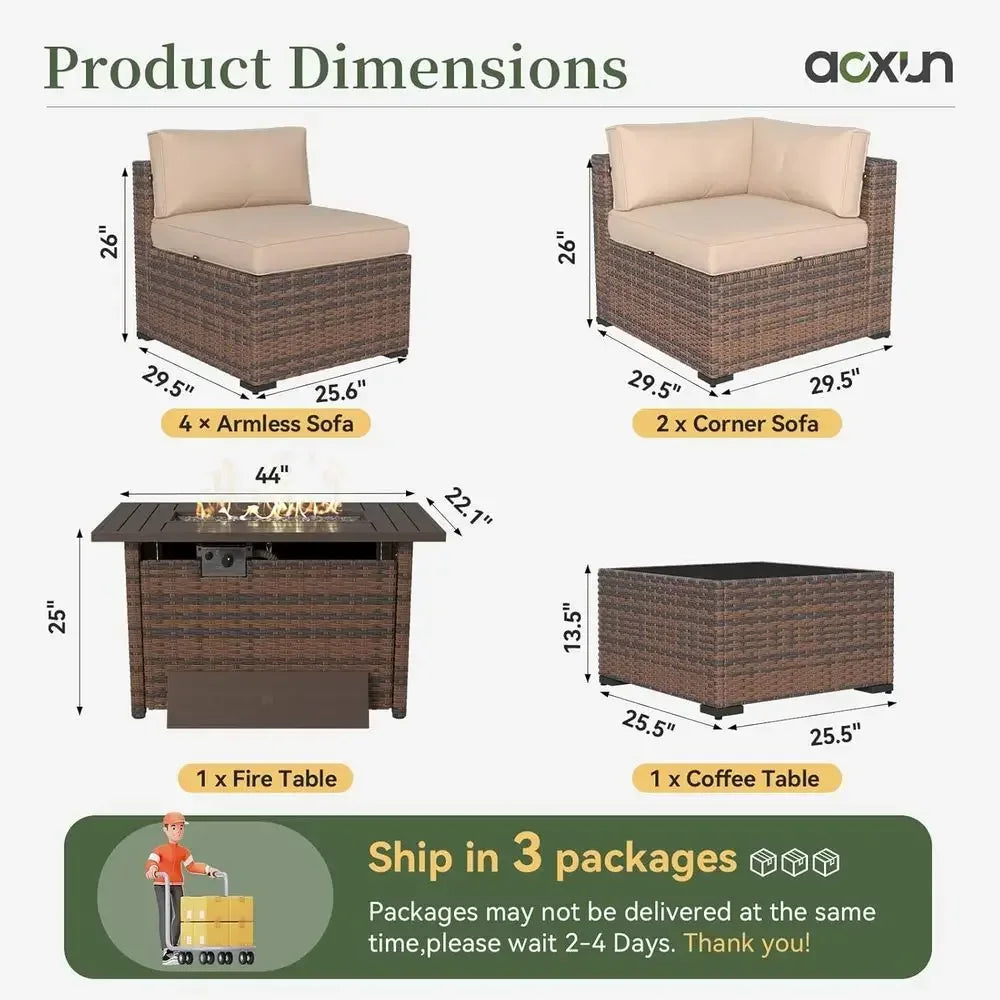 8-Piece Outdoor Wicker Sectional Sofa Set with 44 Fire Pit Table, Beige Waterproof Cushions Included