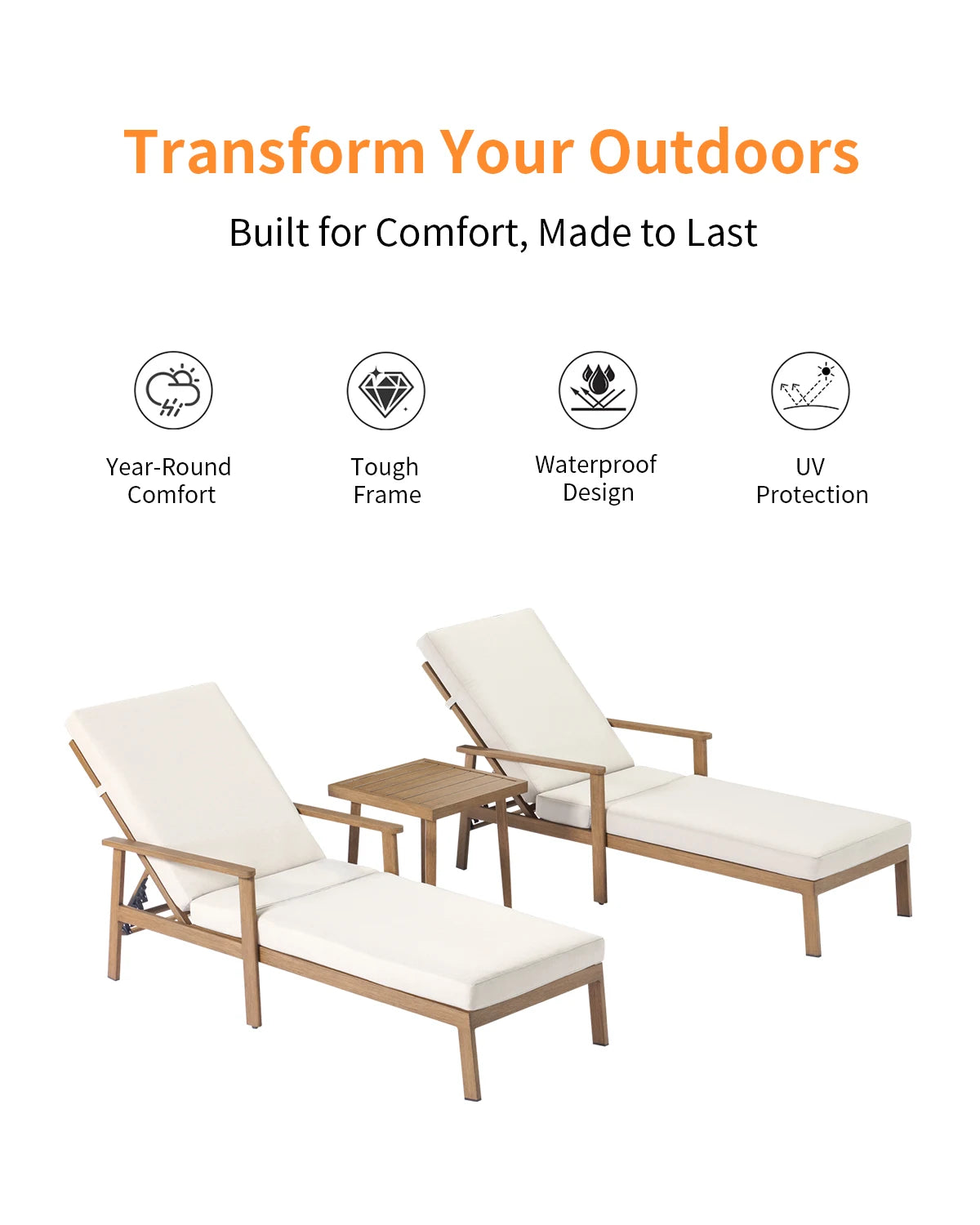 SeeHill Teak 3-Piece Outdoor Lounge Chair Set, Aluminum Chaise Loungers with Cushions and Side Table for Patio, Beach or Pool