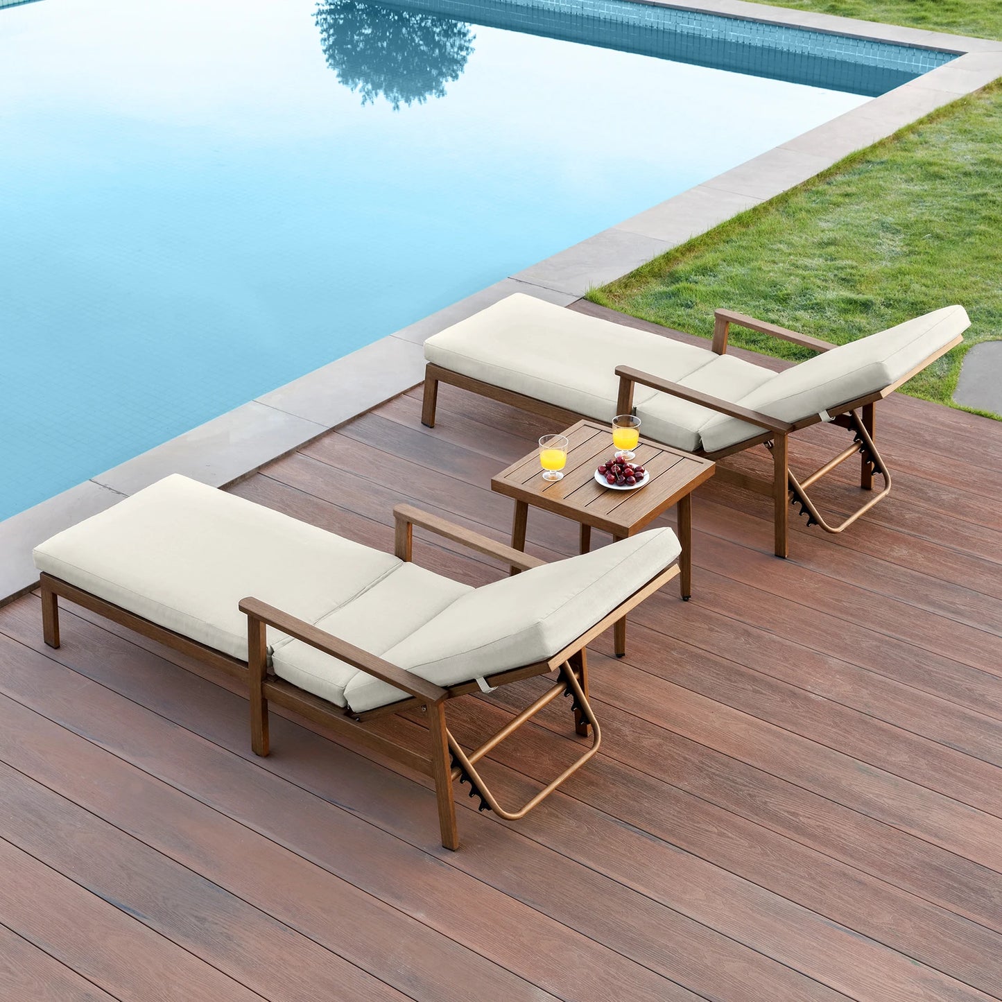 SeeHill Teak 3-Piece Outdoor Lounge Chair Set, Aluminum Chaise Loungers with Cushions and Side Table for Patio, Beach or Pool
