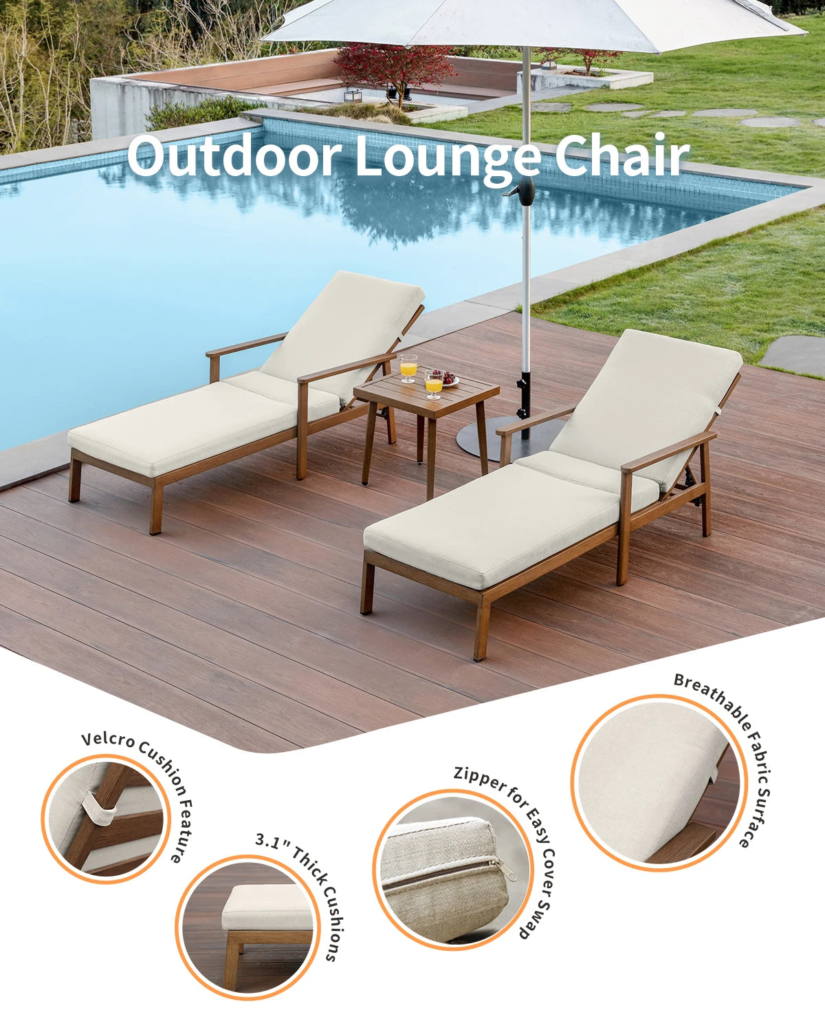 SeeHill Teak 3-Piece Outdoor Lounge Chair Set, Aluminum Chaise Loungers with Cushions and Side Table for Patio, Beach or Pool