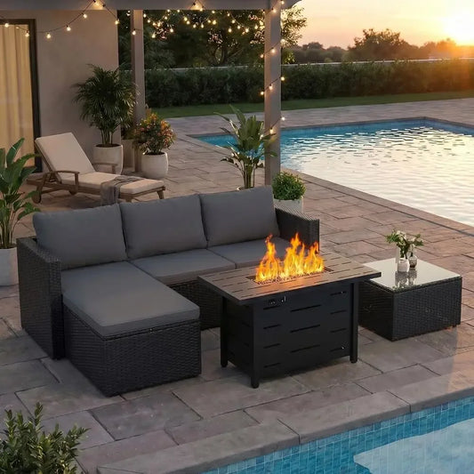 4-Piece Outdoor Patio Furniture Set with 43 Propane Fire Pit Table, Wicker Sectional Sofa for Backyard, Poolside, Garden (Grey C