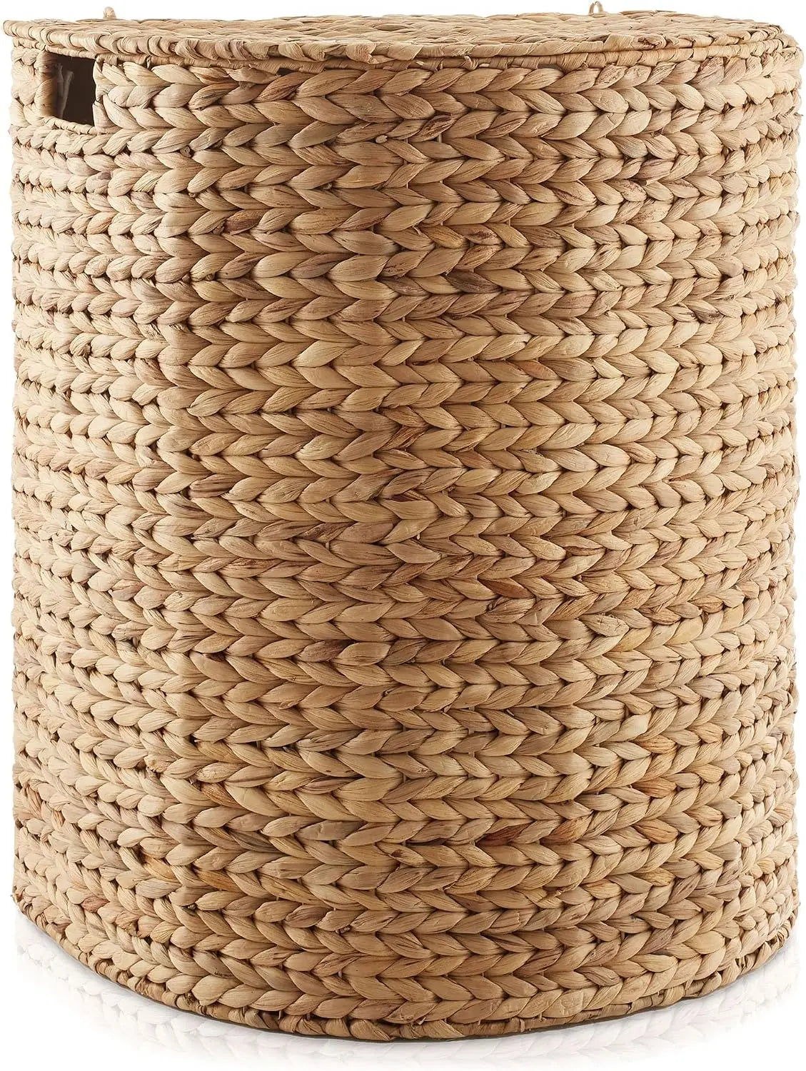 Natural Woven Water Hyacinth Half Moon Laundry Hamper With Lid Attached Hinged Top Removable Fabric Liner Bag Decorative Clothes Storage Basket For Towels Blankets