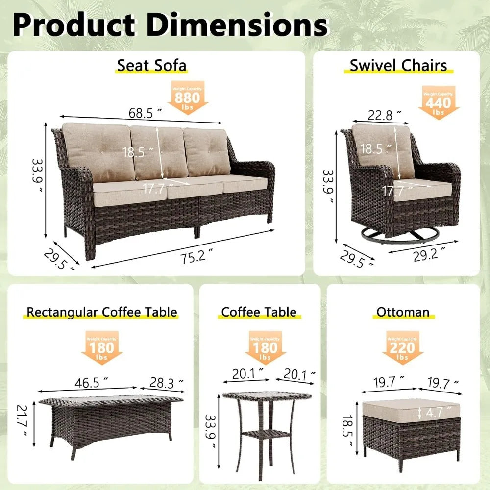 7-Seat Outdoor Sectional Sofa Set PE Rattan Wicker Patio Furniture with Swivel Rocking Chairs Ottoman & Coffee Table, Custom