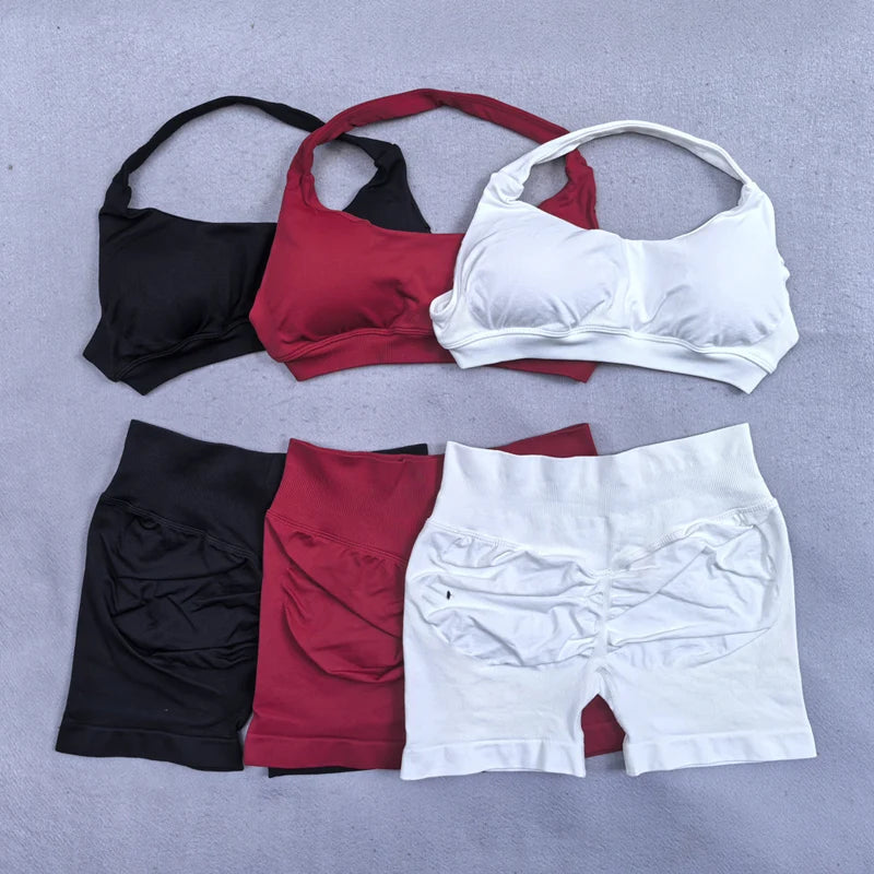 Seamless Yoga Set 2 PCS Sports Suit Female Workout Clothes Halter Sports Bra Scrunch Bum Gym Shorts Women Running Sportswear