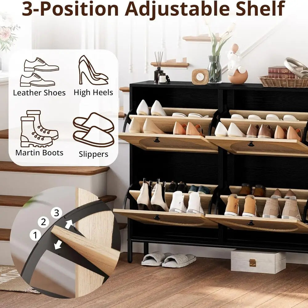 IRONCK Rattan Shoe Cabinet Storage with 4 Flip Drawers, Freestanding Shoe Storage Organizer Cabinet, Narrow Shoe Rack Cabinet