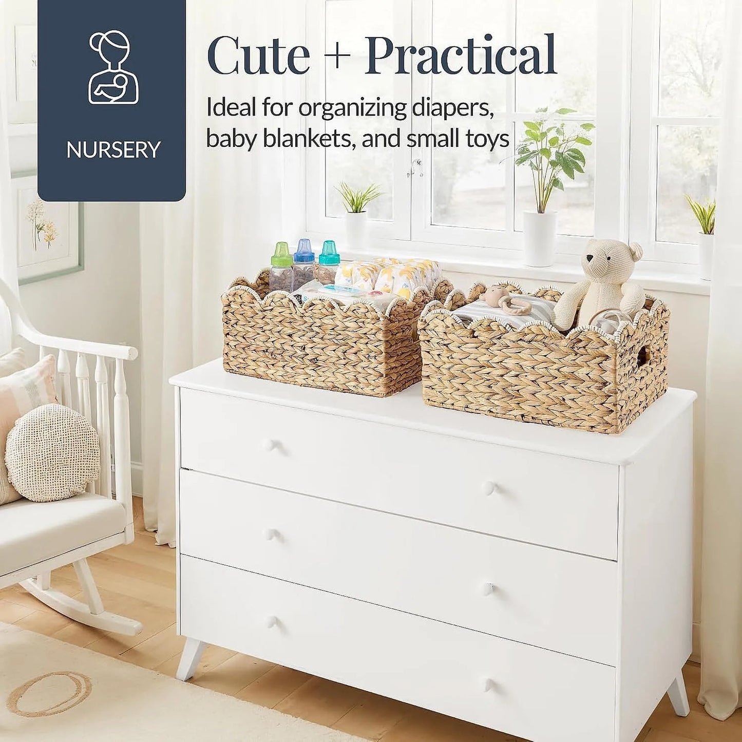 16x12 Scalloped Woven Storage Baskets 2 Pack, Natural White Trim Shelf Bins for Pantry Living Room Nursery Laundry Organizer