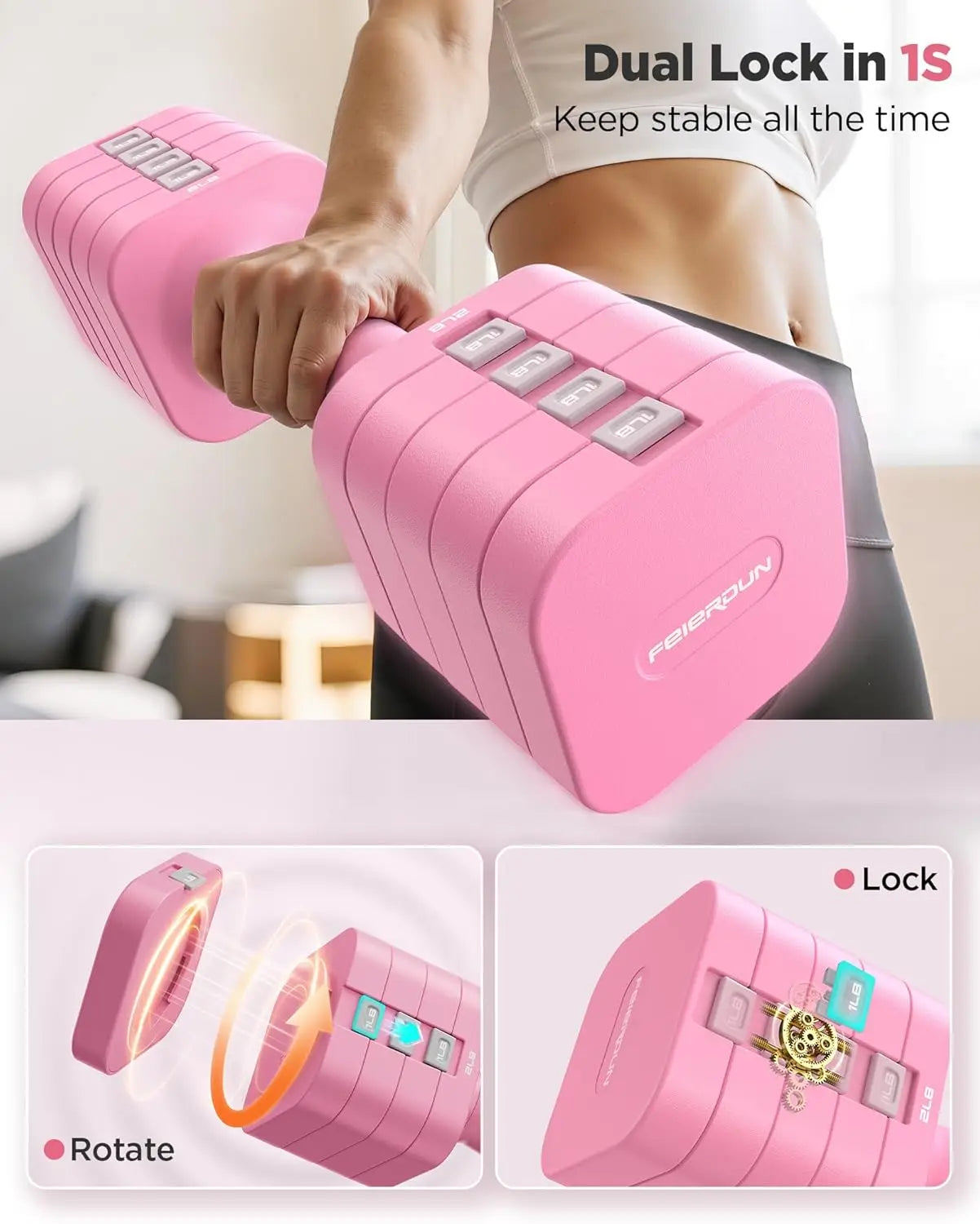 FEIERDUN DB3 5-in-1 Adjustable Dumbbell Set of 2, 12LBS/20LBS Hand Weights for Women, Men, 1s-Adjust Dual-Stable Dumbbell Set for Women Home Gym & Outdoor