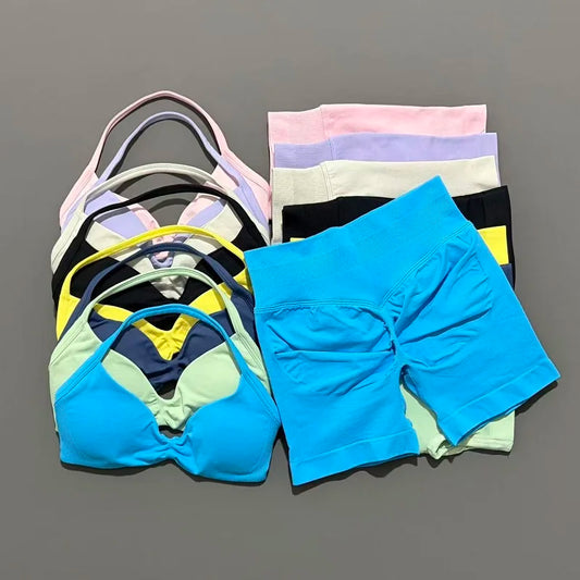 HISTELLO Sports Set 2 Piece Women Strappy Gym Yoga Bra Workout Scrunch Shorts Fitness Sports Suit Clothes Seamless Yoga Set