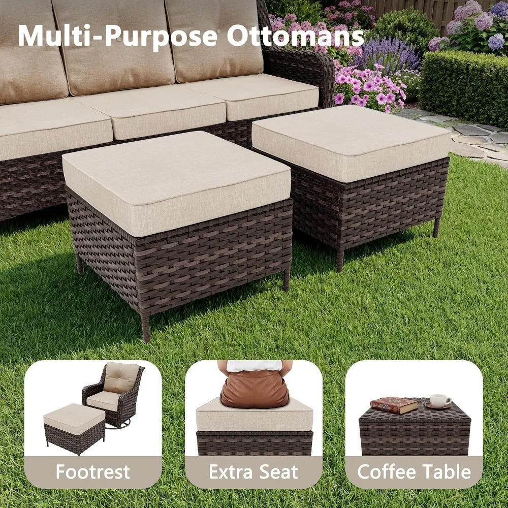 7-Seat Outdoor Sectional Sofa Set PE Rattan Wicker Patio Furniture with Swivel Rocking Chairs Ottoman & Coffee Table, Custom