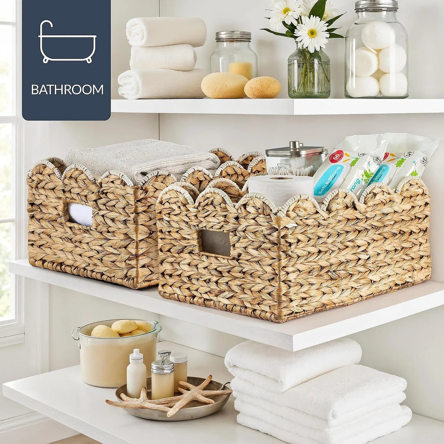 16x12 Scalloped Woven Storage Baskets 2 Pack, Natural White Trim Shelf Bins for Pantry Living Room Nursery Laundry Organizer