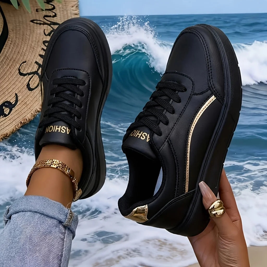 Women Gold Line Platform Skate Shoes 2026 New Fashion Lace Up White Black Casual Sneakers Ladies Soft Leather Lightweight Non Slip Walking Trainers All Match Daily Outdoor Travel Shopping Comfy Versatile Basic Sports Footwear