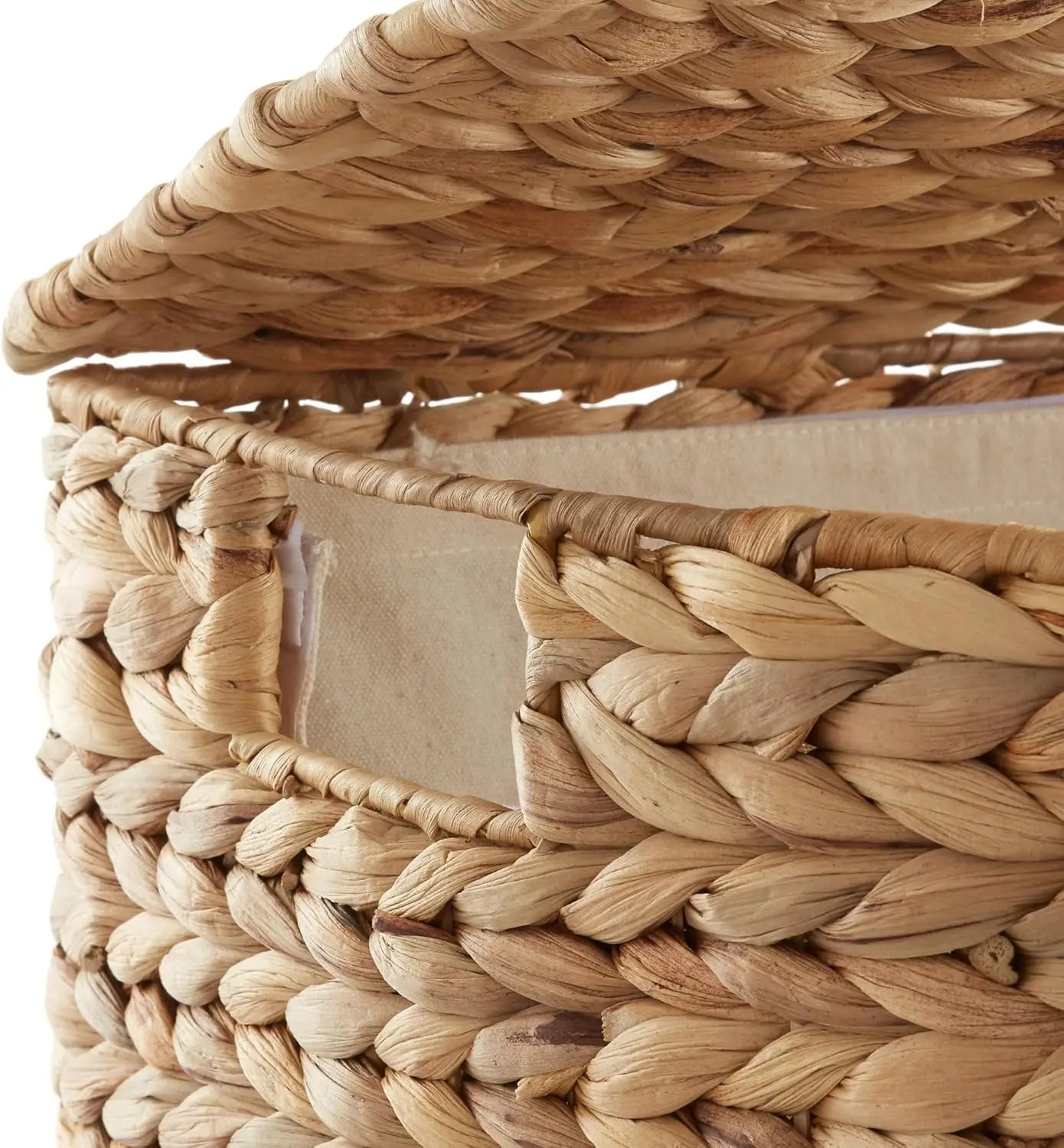 Natural Woven Water Hyacinth Half Moon Laundry Hamper With Lid Attached Hinged Top Removable Fabric Liner Bag Decorative Clothes Storage Basket For Towels Blankets
