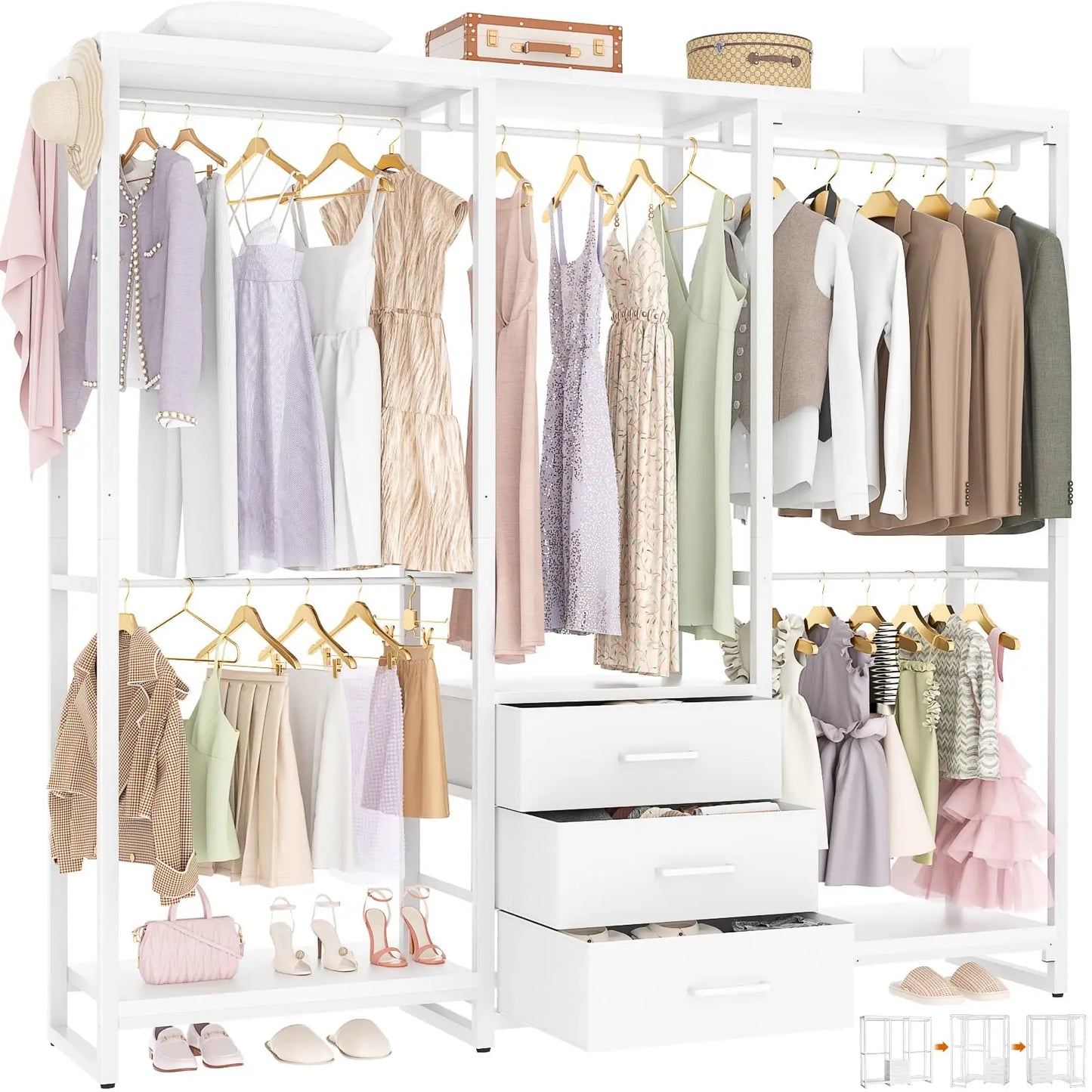 Large L Shaped Corner Clothes Rack Heavy Duty Garment Organizer System Walk In Wardrobe Closet With Fabric Drawers Hanging Rods Storage Shelves For Bedroom White