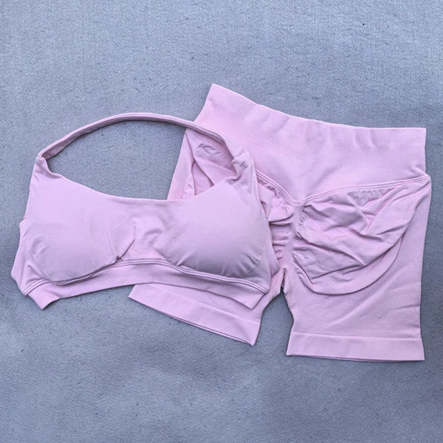 Seamless Yoga Set 2 PCS Sports Suit Female Workout Clothes Halter Sports Bra Scrunch Bum Gym Shorts Women Running Sportswear