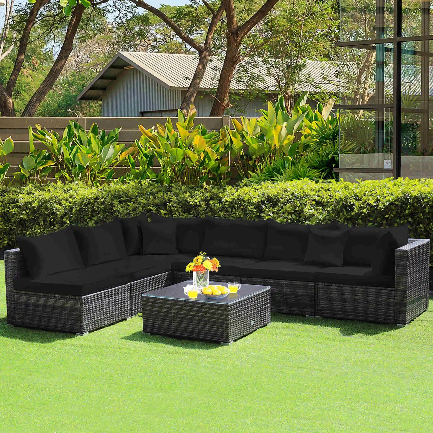 7PCS Patio Rattan Furniture Set Sectional Sofa Cushioned Garden Black
