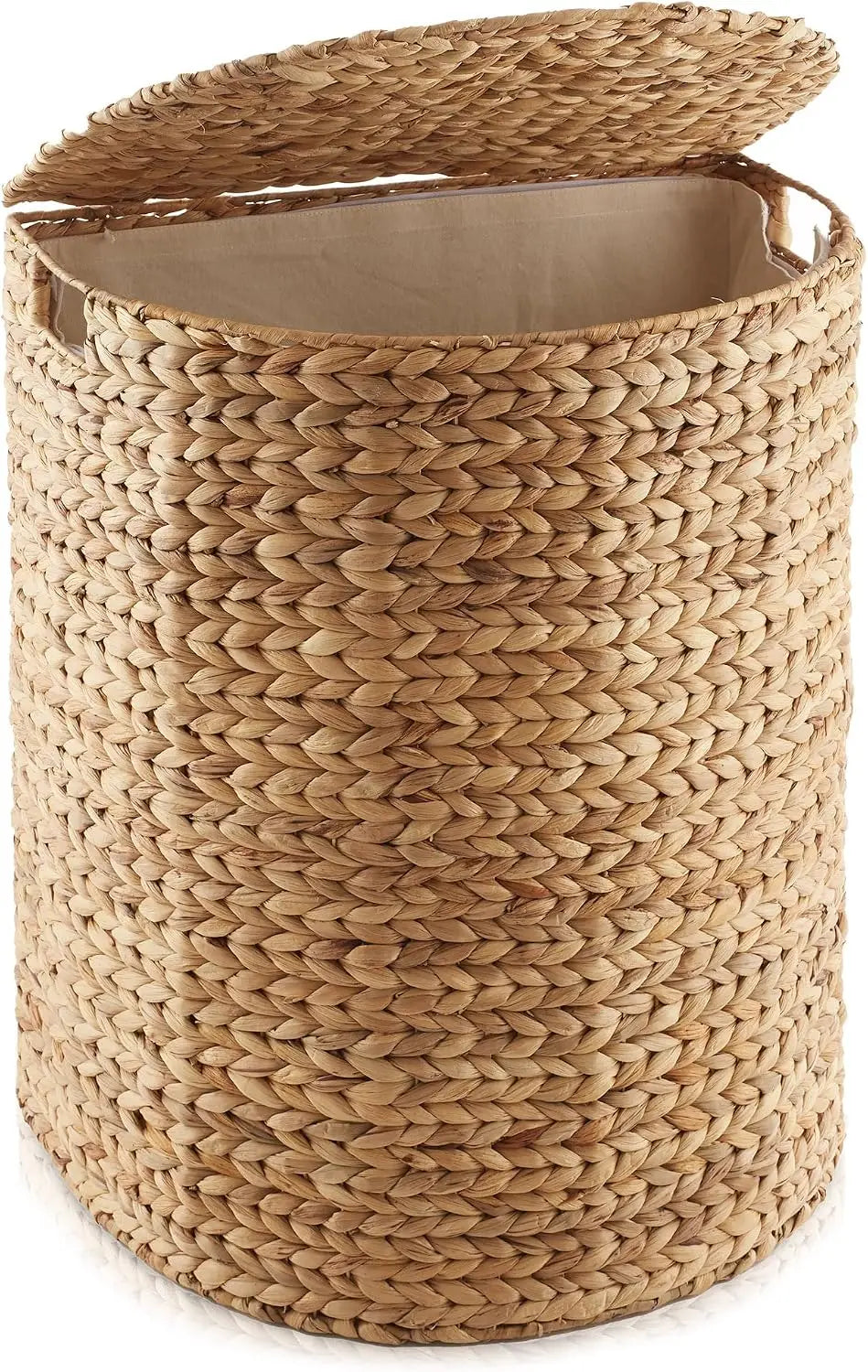 Natural Woven Water Hyacinth Half Moon Laundry Hamper With Lid Attached Hinged Top Removable Fabric Liner Bag Decorative Clothes Storage Basket For Towels Blankets