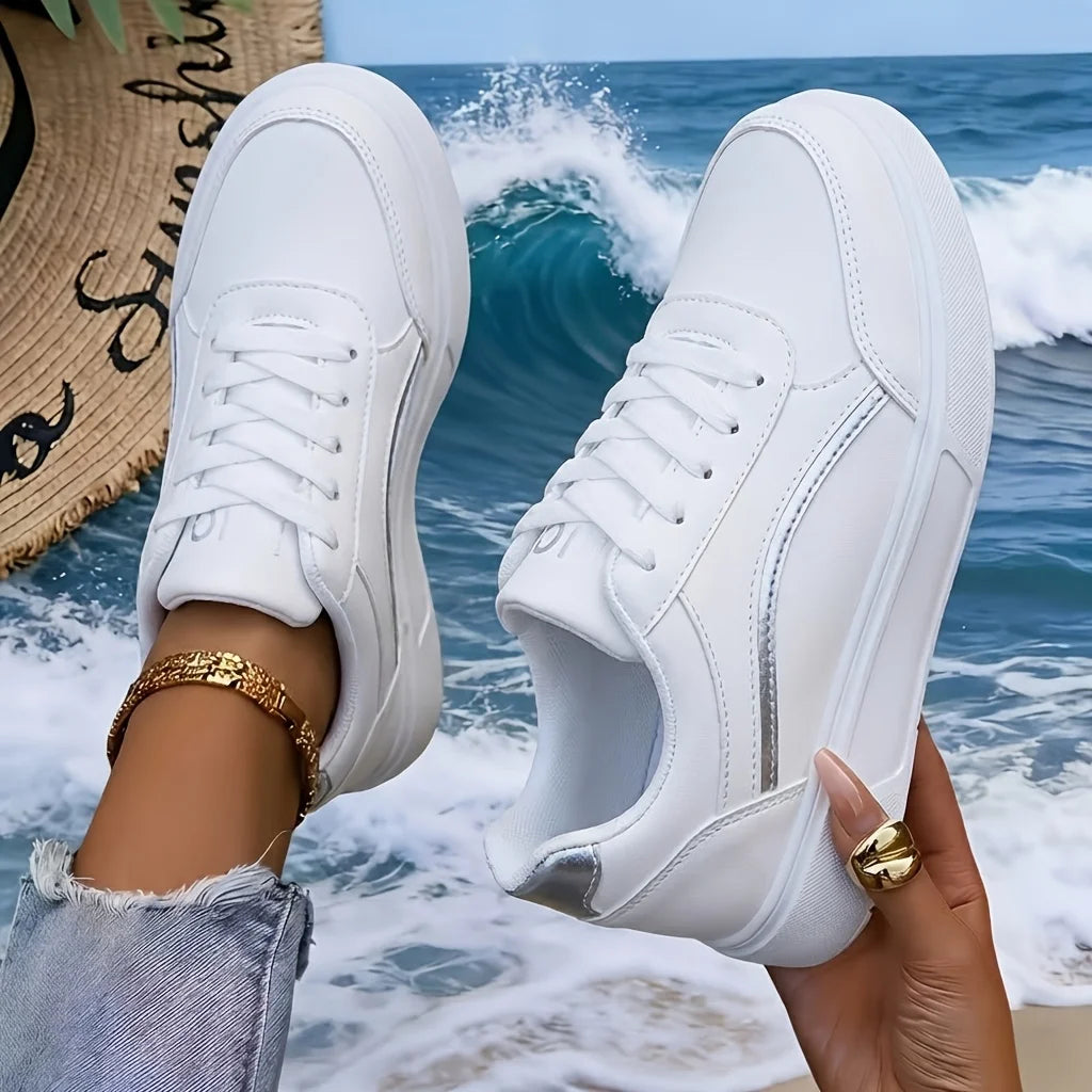 Women Gold Line Platform Skate Shoes 2026 New Fashion Lace Up White Black Casual Sneakers Ladies Soft Leather Lightweight Non Slip Walking Trainers All Match Daily Outdoor Travel Shopping Comfy Versatile Basic Sports Footwear