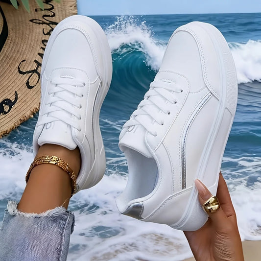 Women Gold Line Platform Skate Shoes 2026 New Fashion Lace Up White Black Casual Sneakers Ladies Soft Leather Lightweight Non Slip Walking Trainers All Match Daily Outdoor Travel Shopping Comfy Versatile Basic Sports Footwear