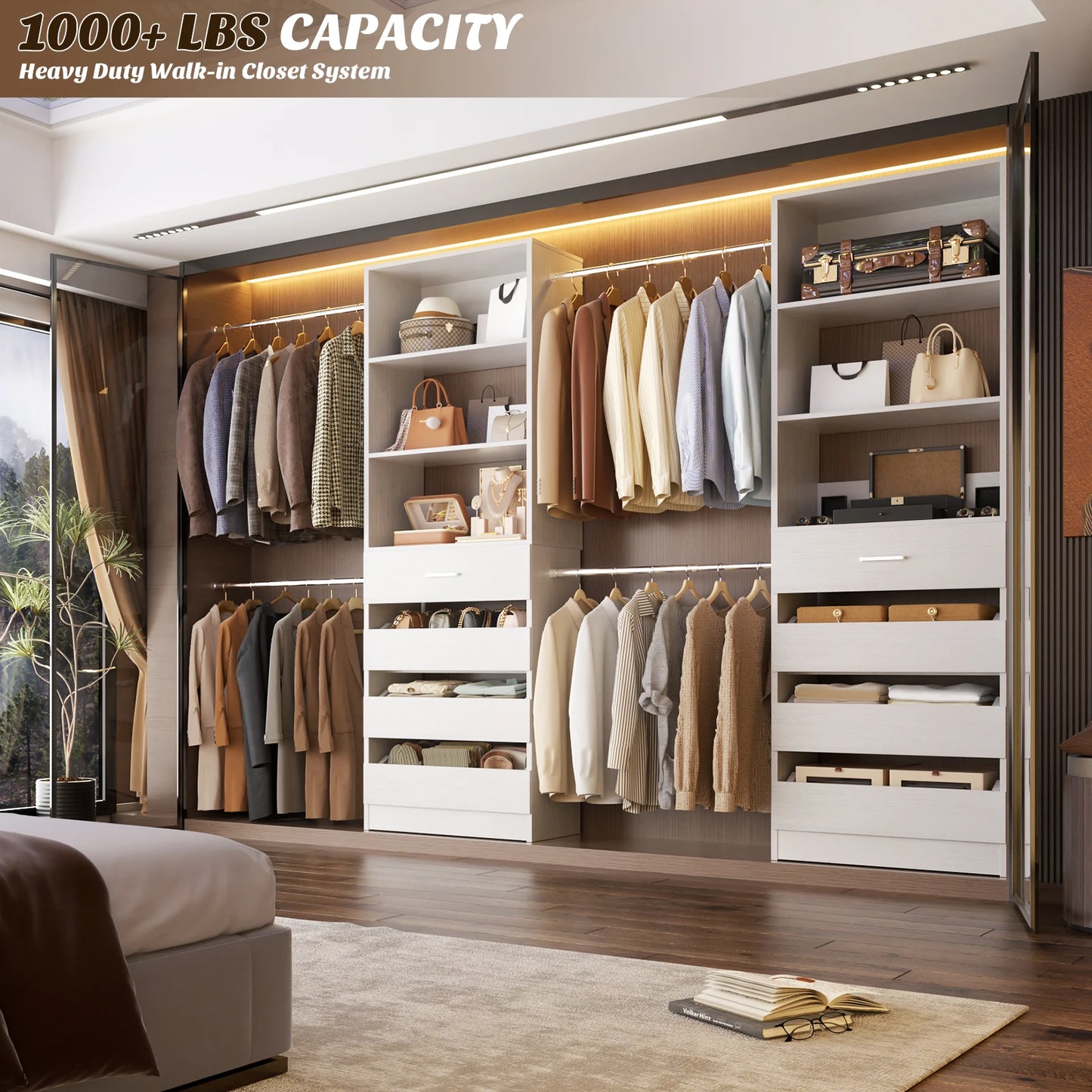 4-9Ft Closet System with 4 Wooden Drawers, Walk-in Closet Organizer Wardrobe Clothes Rack with 4 Hanging Rods, Garment Rack