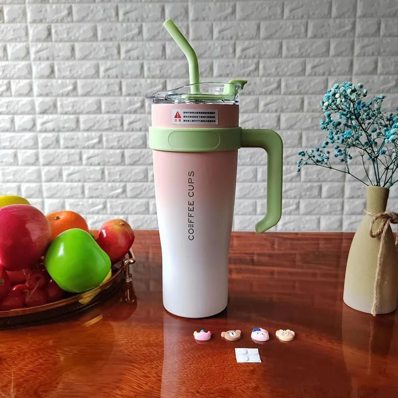 Trendy Cross-border 40oz Handle Car Cup 304 Stainless Steel Large Capacity Giant Insulated Cup High Appearance Straw
