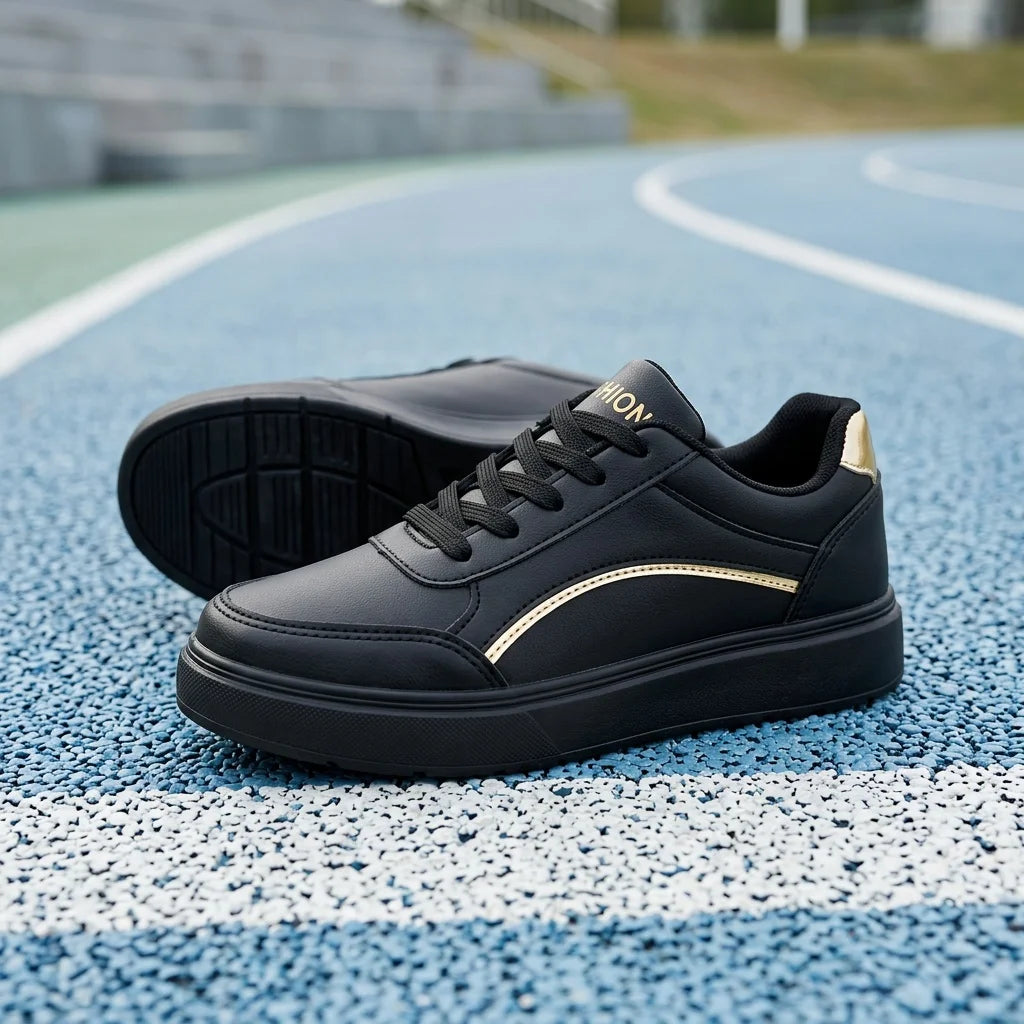 Women Gold Line Platform Skate Shoes 2026 New Fashion Lace Up White Black Casual Sneakers Ladies Soft Leather Lightweight Non Slip Walking Trainers All Match Daily Outdoor Travel Shopping Comfy Versatile Basic Sports Footwear
