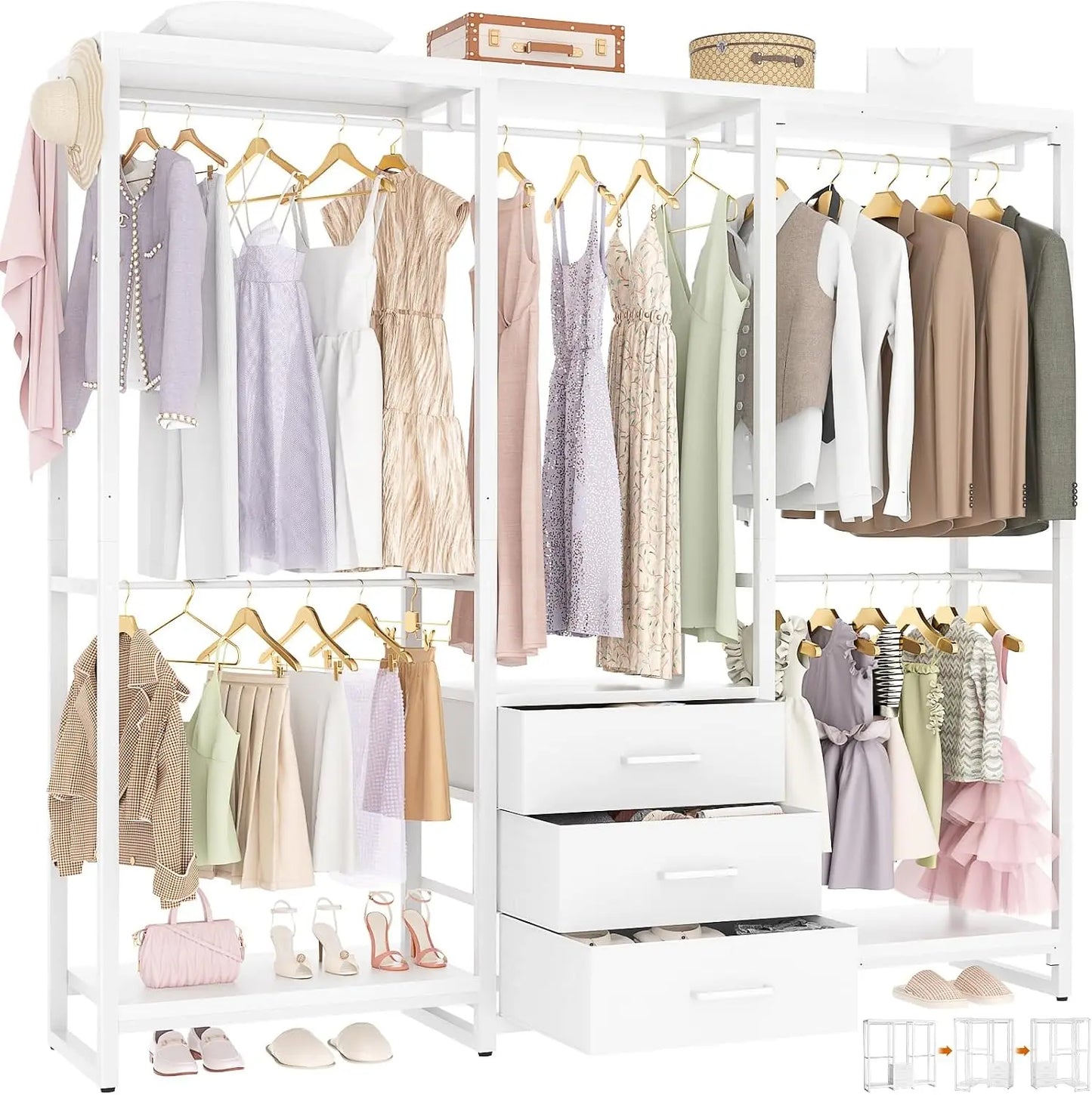 Large L Shaped Corner Clothes Rack Heavy Duty Garment Organizer System Walk In Wardrobe Closet With Fabric Drawers Hanging Rods Storage Shelves For Bedroom White