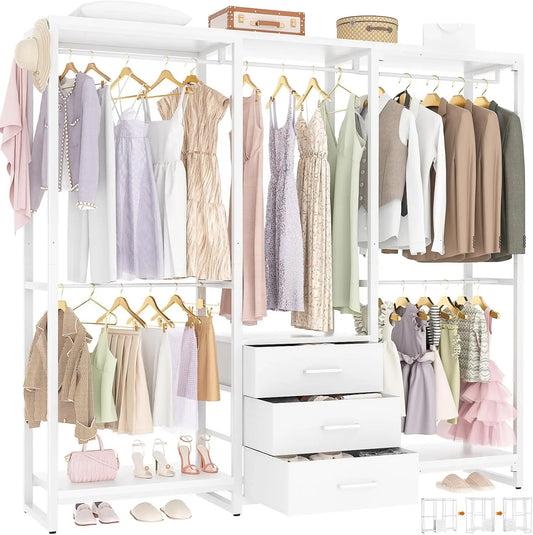 Large L Shaped Corner Clothes Rack Heavy Duty Garment Organizer System Walk In Wardrobe Closet With Fabric Drawers Hanging Rods Storage Shelves For Bedroom White