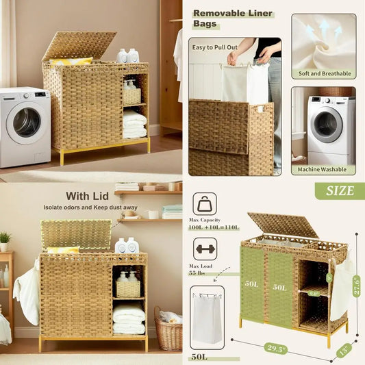 110-Liter Dual-Section Rattan Hamper with 3-Tier Wicker Storage Shelf