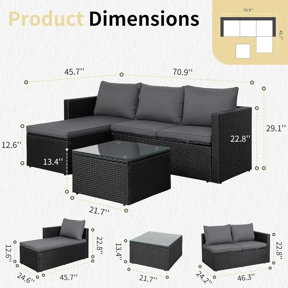 4-Piece Outdoor Patio Furniture Set with 43 Propane Fire Pit Table, Wicker Sectional Sofa for Backyard, Poolside, Garden (Grey C