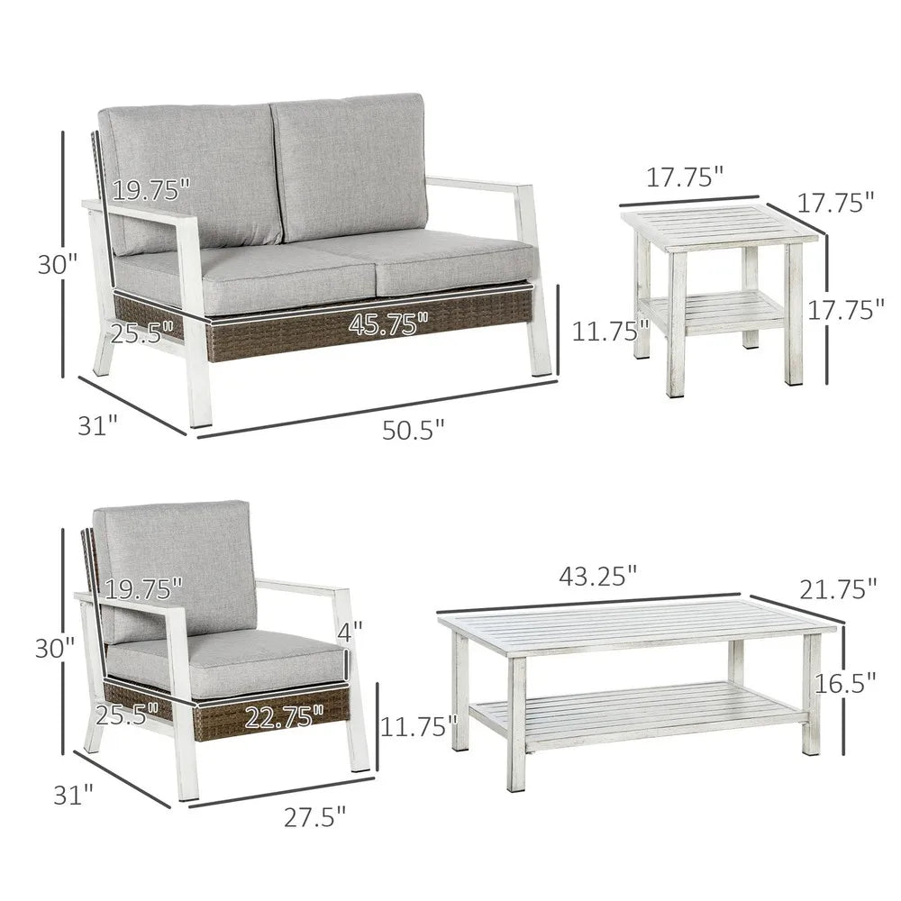 5pc Outdoor Wicker Patio Furniture Set, Table, 4 Seats, Soft Cushions, Grey
