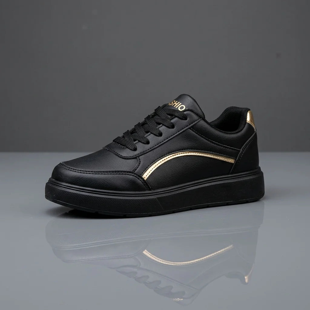Women Gold Line Platform Skate Shoes 2026 New Fashion Lace Up White Black Casual Sneakers Ladies Soft Leather Lightweight Non Slip Walking Trainers All Match Daily Outdoor Travel Shopping Comfy Versatile Basic Sports Footwear