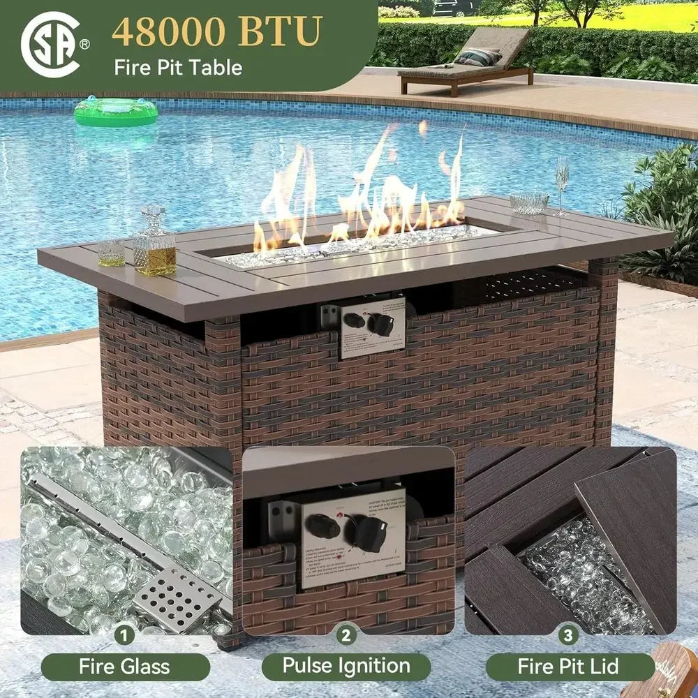 8-Piece Outdoor Wicker Sectional Sofa Set with 44 Fire Pit Table, Beige Waterproof Cushions Included