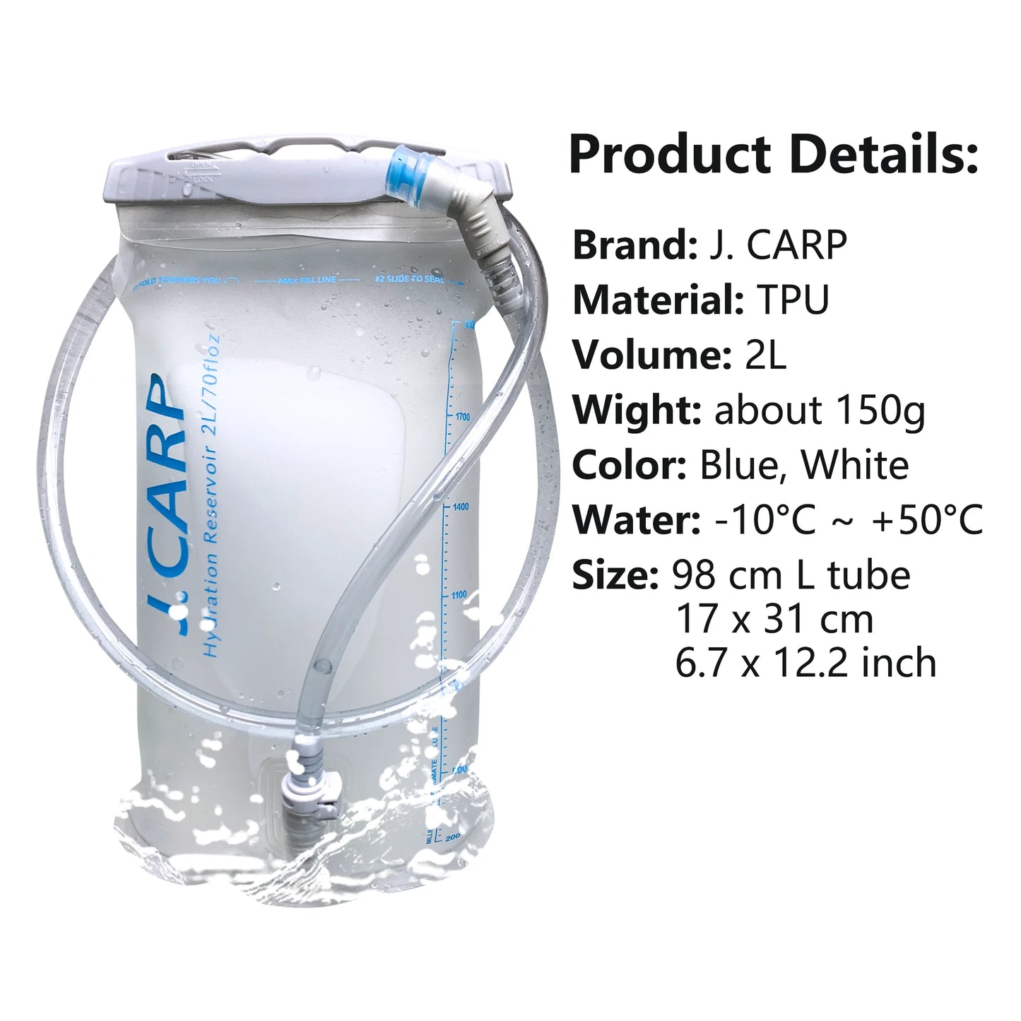 2L Leak Proof Water Reservoir Hydration Storage Bladder Bag BPA Free Hydration Pack Two Modes Refilling Cap for Cycling Hiking