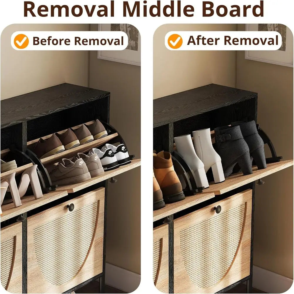 IRONCK Rattan Shoe Cabinet Storage with 4 Flip Drawers, Freestanding Shoe Storage Organizer Cabinet, Narrow Shoe Rack Cabinet