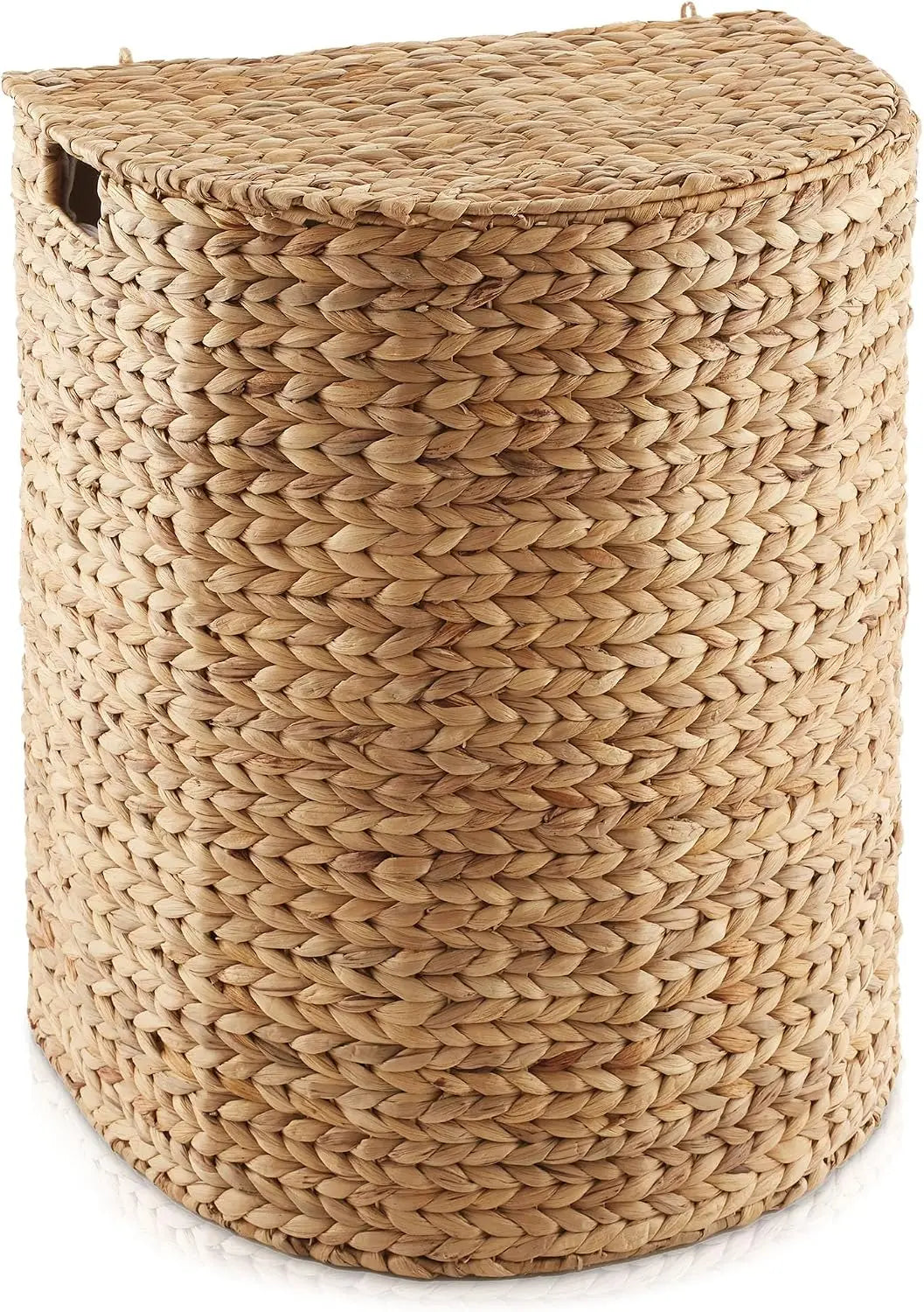Natural Woven Water Hyacinth Half Moon Laundry Hamper With Lid Attached Hinged Top Removable Fabric Liner Bag Decorative Clothes Storage Basket For Towels Blankets