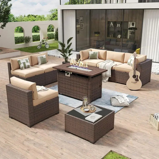8-Piece Outdoor Wicker Sectional Sofa Set with 44 Fire Pit Table, Beige Waterproof Cushions Included
