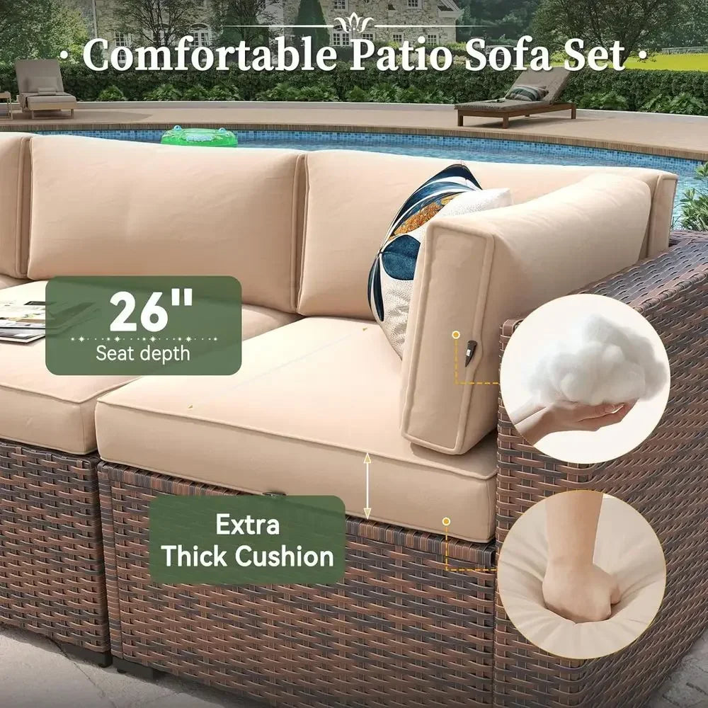 8-Piece Outdoor Wicker Sectional Sofa Set with 44 Fire Pit Table, Beige Waterproof Cushions Included