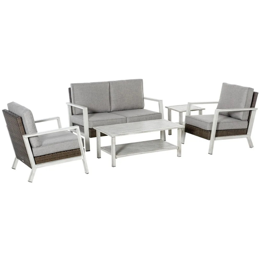 5pc Outdoor Wicker Patio Furniture Set, Table, 4 Seats, Soft Cushions, Grey