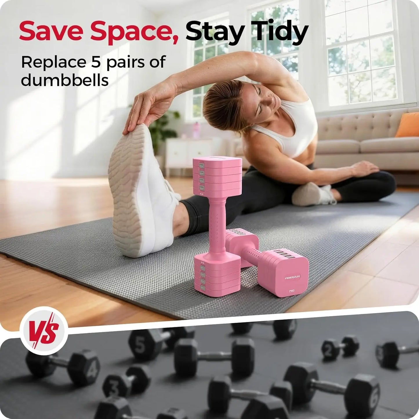 FEIERDUN DB3 5-in-1 Adjustable Dumbbell Set of 2, 12LBS/20LBS Hand Weights for Women, Men, 1s-Adjust Dual-Stable Dumbbell Set for Women Home Gym & Outdoor