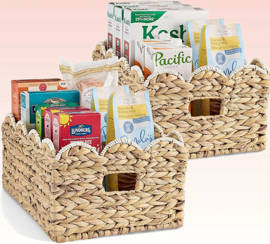 16x12 Scalloped Woven Storage Baskets 2 Pack, Natural White Trim Shelf Bins for Pantry Living Room Nursery Laundry Organizer