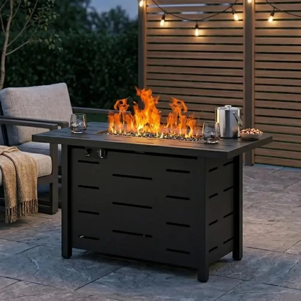 4-Piece Outdoor Patio Furniture Set with 43 Propane Fire Pit Table, Wicker Sectional Sofa for Backyard, Poolside, Garden (Grey C