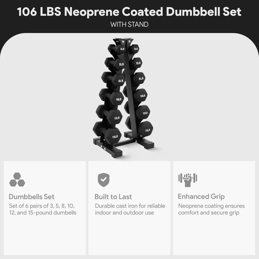 Dumbbell Set with Stand, Neoprene Coated Hand Weights Home Gym Equipment, Black