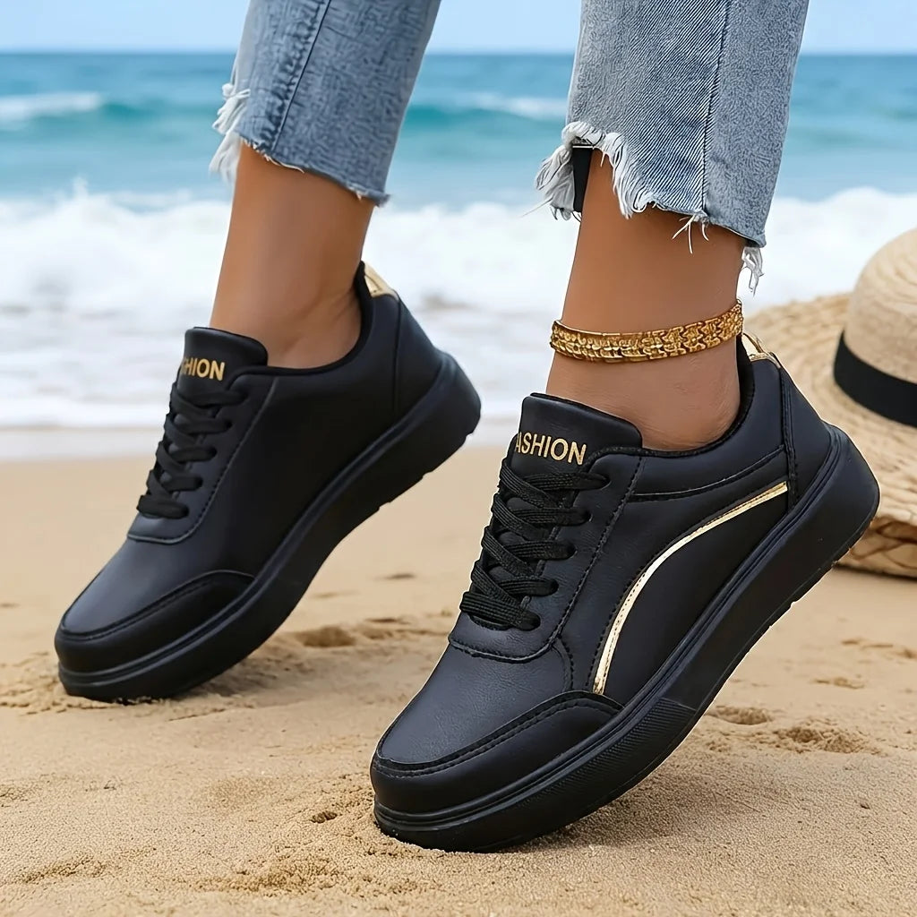 Women Gold Line Platform Skate Shoes 2026 New Fashion Lace Up White Black Casual Sneakers Ladies Soft Leather Lightweight Non Slip Walking Trainers All Match Daily Outdoor Travel Shopping Comfy Versatile Basic Sports Footwear
