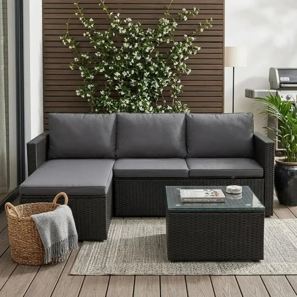 4-Piece Outdoor Patio Furniture Set with 43 Propane Fire Pit Table, Wicker Sectional Sofa for Backyard, Poolside, Garden (Grey C