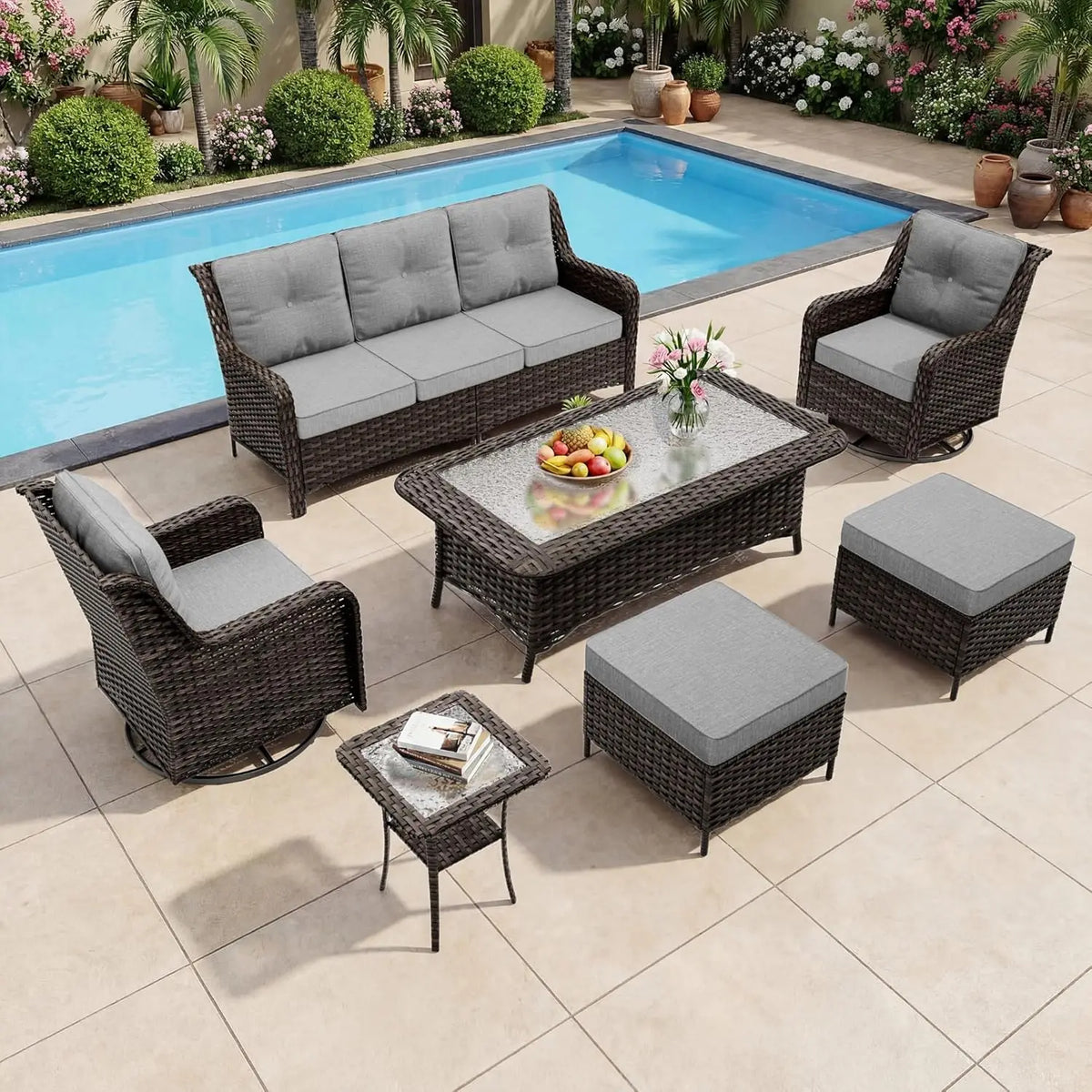 7-Seat Outdoor Sectional Sofa Set PE Rattan Wicker Patio Furniture with Swivel Rocking Chairs Ottoman & Coffee Table, Custom