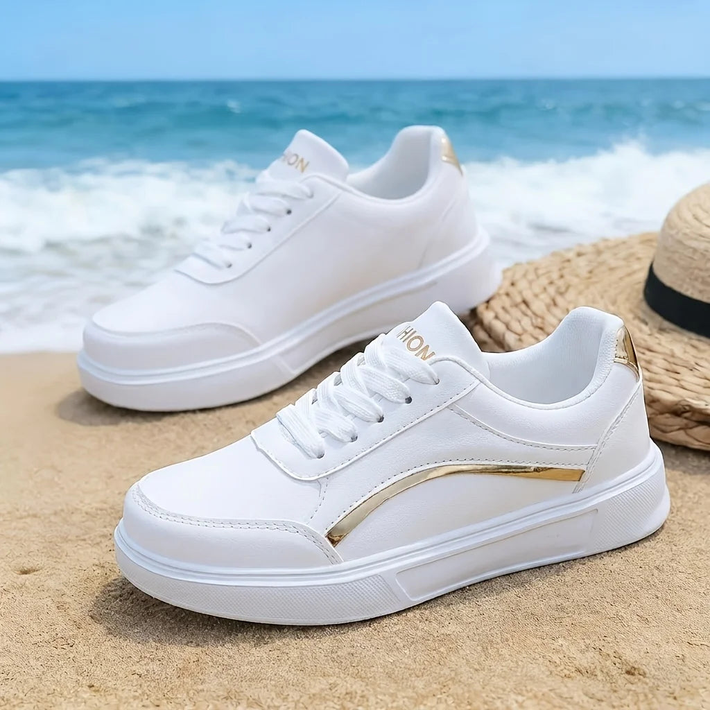 Women Gold Line Platform Skate Shoes 2026 New Fashion Lace Up White Black Casual Sneakers Ladies Soft Leather Lightweight Non Slip Walking Trainers All Match Daily Outdoor Travel Shopping Comfy Versatile Basic Sports Footwear