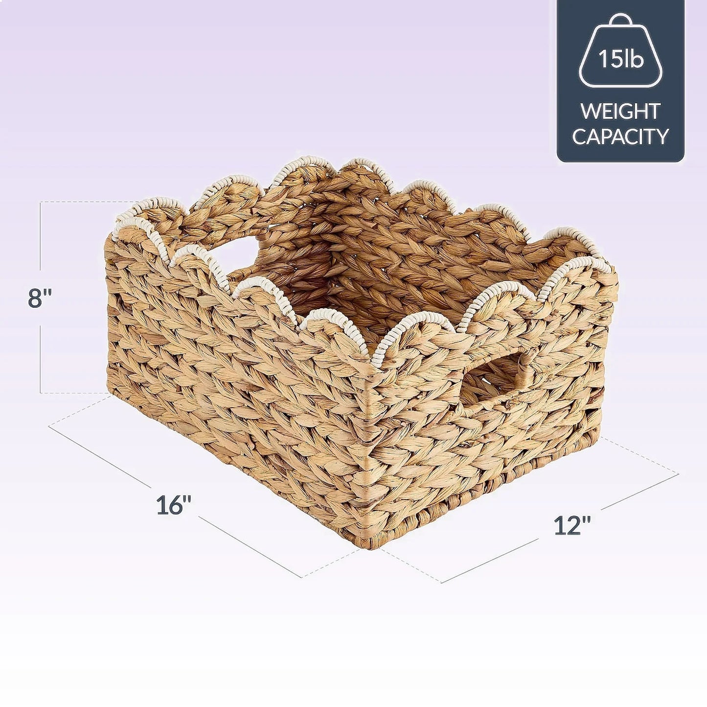 16x12 Scalloped Woven Storage Baskets 2 Pack, Natural White Trim Shelf Bins for Pantry Living Room Nursery Laundry Organizer