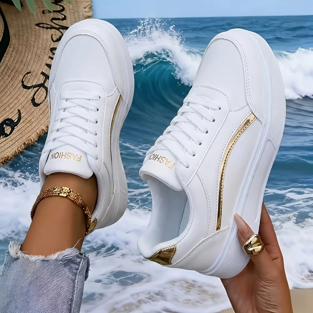 Women Gold Line Platform Skate Shoes 2026 New Fashion Lace Up White Black Casual Sneakers Ladies Soft Leather Lightweight Non Slip Walking Trainers All Match Daily Outdoor Travel Shopping Comfy Versatile Basic Sports Footwear