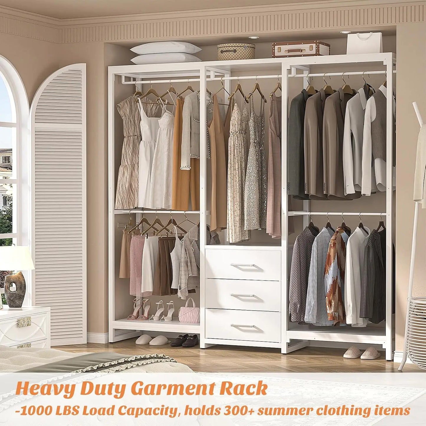 Large L Shaped Corner Clothes Rack Heavy Duty Garment Organizer System Walk In Wardrobe Closet With Fabric Drawers Hanging Rods Storage Shelves For Bedroom White