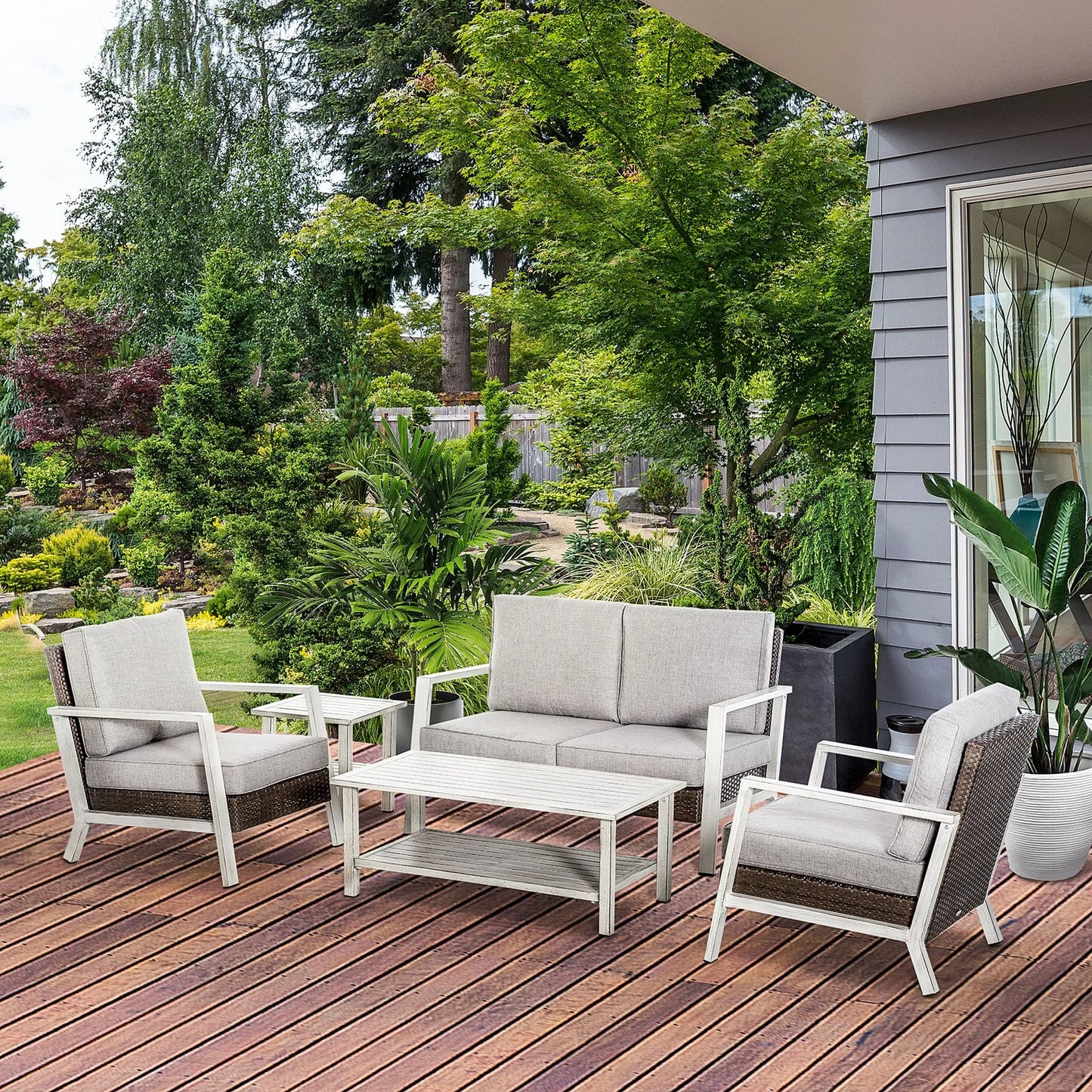 5pc Outdoor Wicker Patio Furniture Set, Table, 4 Seats, Soft Cushions, Grey